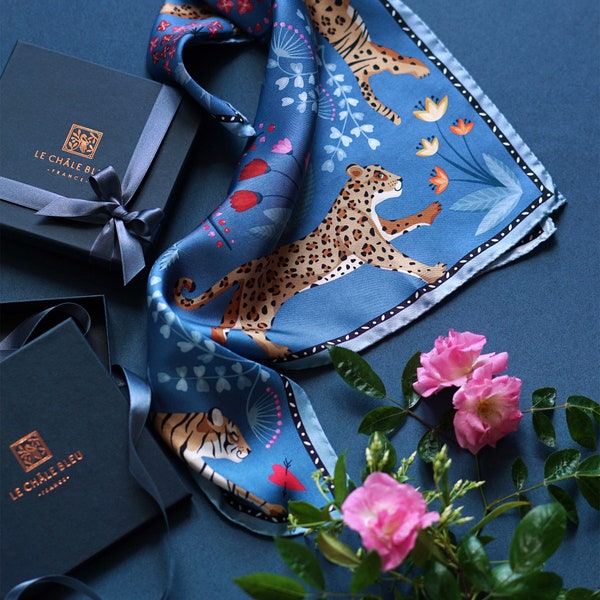 Mulberry Silk Bandana "The Tiger's Bride" – Storm Blue. Printed Original Design by Le Châle Bleu – France. Made in Italy Gift Box Silk Scarf
