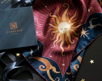 Pure Mulberry Silk Bandana Scarf "Bright as the Sun", Printed Original Celestial Design by Le Châle Bleu, France. Made in Italy. Gift Box