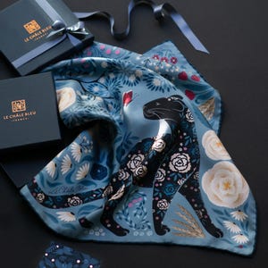 Mulberry Silk Bandana Scarf "The Panther and the Artist", Bluish Gray. Printed Original Design Le Châle Bleu France. Made in Italy. Gift Box