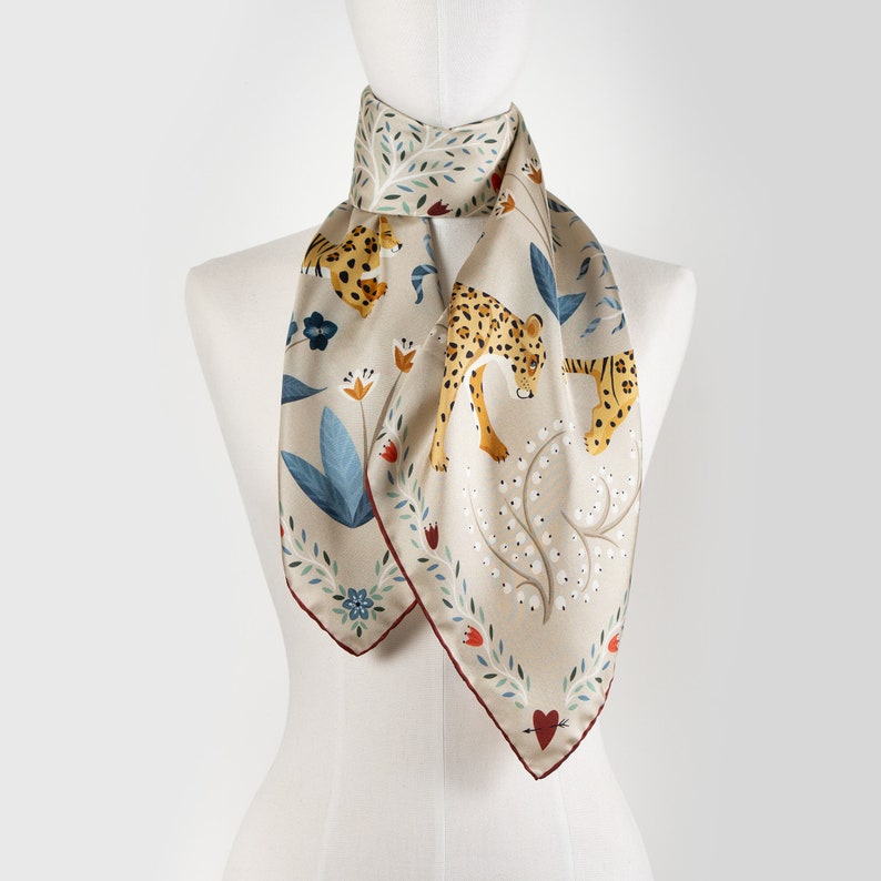 Mulberry Silk Scarf The Tiger's Bride Latte. Printed Original Design by Le Châle Bleu France. Made in Italy Gift Box Silk Square image 6