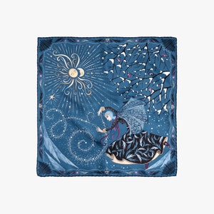 Mulberry Silk Bandana The Four Sisters. Winter, Blue. Printed Original Design by Le Châle Bleu, France. Made in Italy Gift Box Silk Scarf image 3