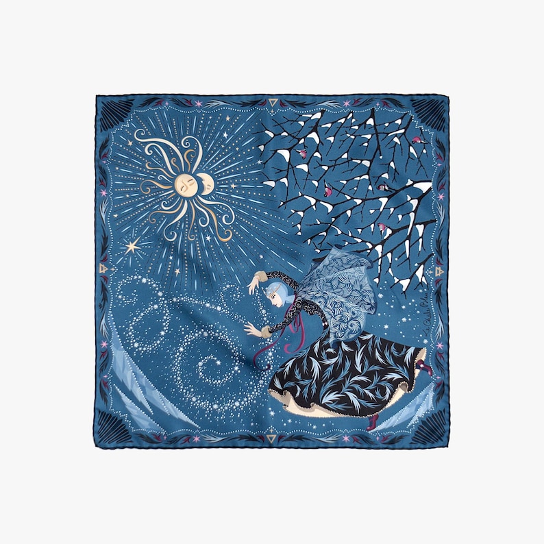 Mulberry Silk Bandana The Four Sisters. Winter, Blue. Printed Original Design by Le Châle Bleu, France. Made in Italy Gift Box Silk Scarf image 3