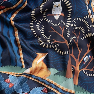 Mulberry Silk Scarf "The Voyage into the Boreal Forest", Dark Blue. Printed Original Design, Le Châle Bleu France. Made in Italy. Gift Box