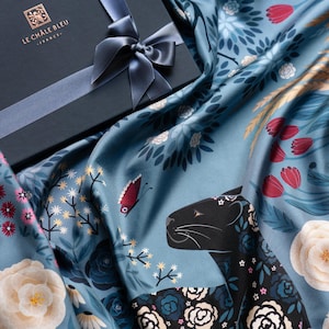 Mulberry Silk Scarf "The Panther and the Artist", Bluish Gray. Printed Original Design by Le Châle Bleu France. Made in Italy. Gift Box
