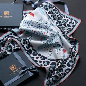Mulberry Silk Bandana "The Tiger's Bride" – Snow Leopard. Printed Original Design Scarf by Le Châle Bleu – Designed in France, Made in Italy