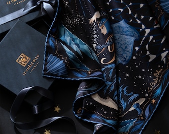 Magical Mulberry Silk Bandana Scarf "The Four Sisters. Winter", Black. Printed Original Design Le Châle Bleu, France. Made in Italy Gift Box