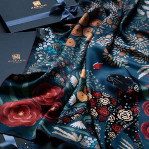 Mulberry Silk Scarf "The Panther and the Artist", Velvety Blue. Printed Original Design by Le Châle Bleu France. Made in Italy. Gift Box