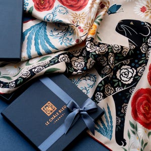 Mulberry Silk Bandana Scarf "The Panther and the Artist", Beige & Red. Printed Original Design Le Châle Bleu France. Made in Italy. Gift Box