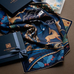 Mulberry Silk Bandana "The Voyage into the Boreal Forest" Blue & Gold. Printed Original Design by Le Châle Bleu, France. Made in Italy Scarf