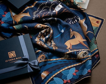Mulberry Silk Bandana &quot;The Voyage into the Boreal Forest&quot; Blue & Gold. Printed Original Design by Le Châle Bleu, France. Made in Italy Scarf