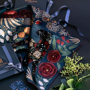 Mulberry Silk Bandana Scarf "The Panther and the Artist", Velvet Blue. Printed Original Design Le Châle Bleu France. Made in Italy. Gift Box