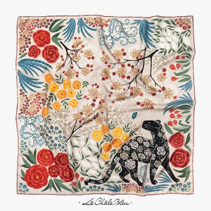 Mulberry Silk Scarf "The Panther and the Artist", Beige Café Latte. Printed Original Design by Le Châle Bleu France. Made in Italy. Gift Box