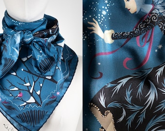 Pure Mulberry Silk Scarf "The Four Sisters. Winter", Blue. Printed Original Magical Design by Le Châle Bleu France. Made in Italy. Gift Box