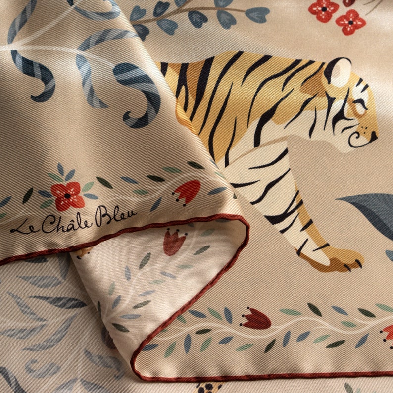 Mulberry Silk Scarf The Tiger's Bride Latte. Printed Original Design by Le Châle Bleu France. Made in Italy Gift Box Silk Square image 2