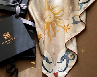 Pure Mulberry Silk Bandana Scarf "Bright as the Sun", Latte. Printed Original Celestial Design Le Châle Bleu France. Made in Italy. Gift Box