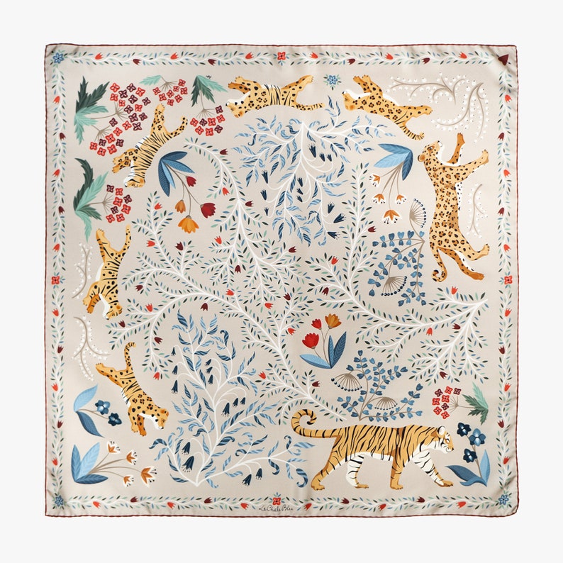 Mulberry Silk Scarf The Tiger's Bride Latte. Printed Original Design by Le Châle Bleu France. Made in Italy Gift Box Silk Square image 4