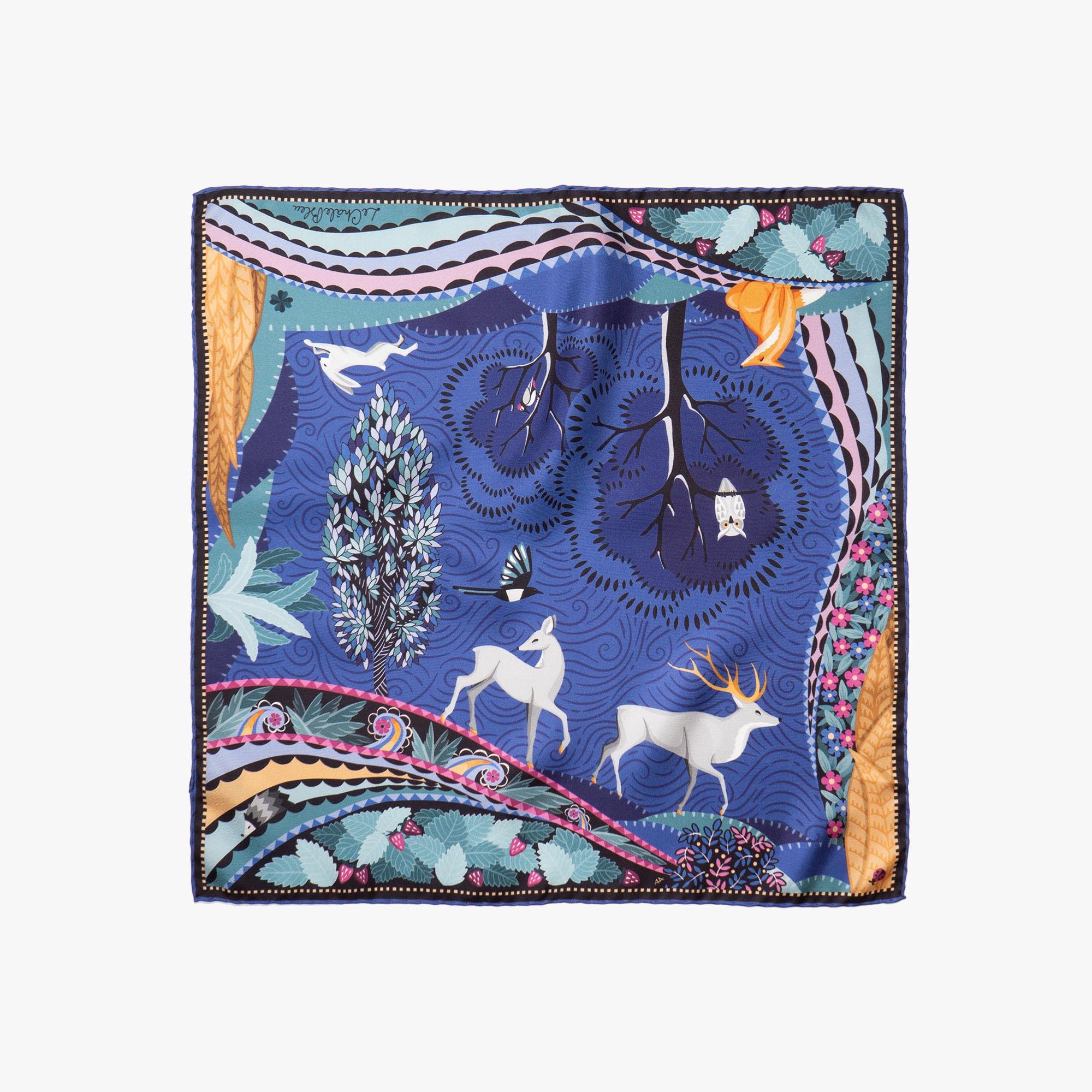 Mulberry Silk Bandana Scarf "The Voyage in the Boreal Forest" Mauve. Printed Original Design, Le Châle Bleu, France. Made in Italy. Gift Box