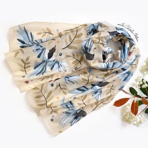 Silk & Cotton Stole "The Treasure Hunters ", Cream. Printed Original Magpies Design by Le Châle Bleu, France. Made in Italy Scarf. Gift Box