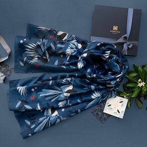 Cotton & Silk Stole "The Treasure Hunters ", Blue. Printed Original Magpies Design by Le Châle Bleu, France. Made in Italy Scarf. Gift Box