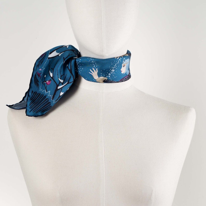 Mulberry Silk Bandana The Four Sisters. Winter, Blue. Printed Original Design by Le Châle Bleu, France. Made in Italy Gift Box Silk Scarf image 5