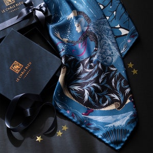 Mulberry Silk Bandana The Four Sisters. Winter, Blue. Printed Original Design by Le Châle Bleu, France. Made in Italy Gift Box Silk Scarf image 2