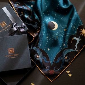 Mulberry Silk Bandana "Beautiful as The Moon", Printed Original Celestial Design by Le Châle Bleu, France. Made in Italy Gift Box Silk Scarf