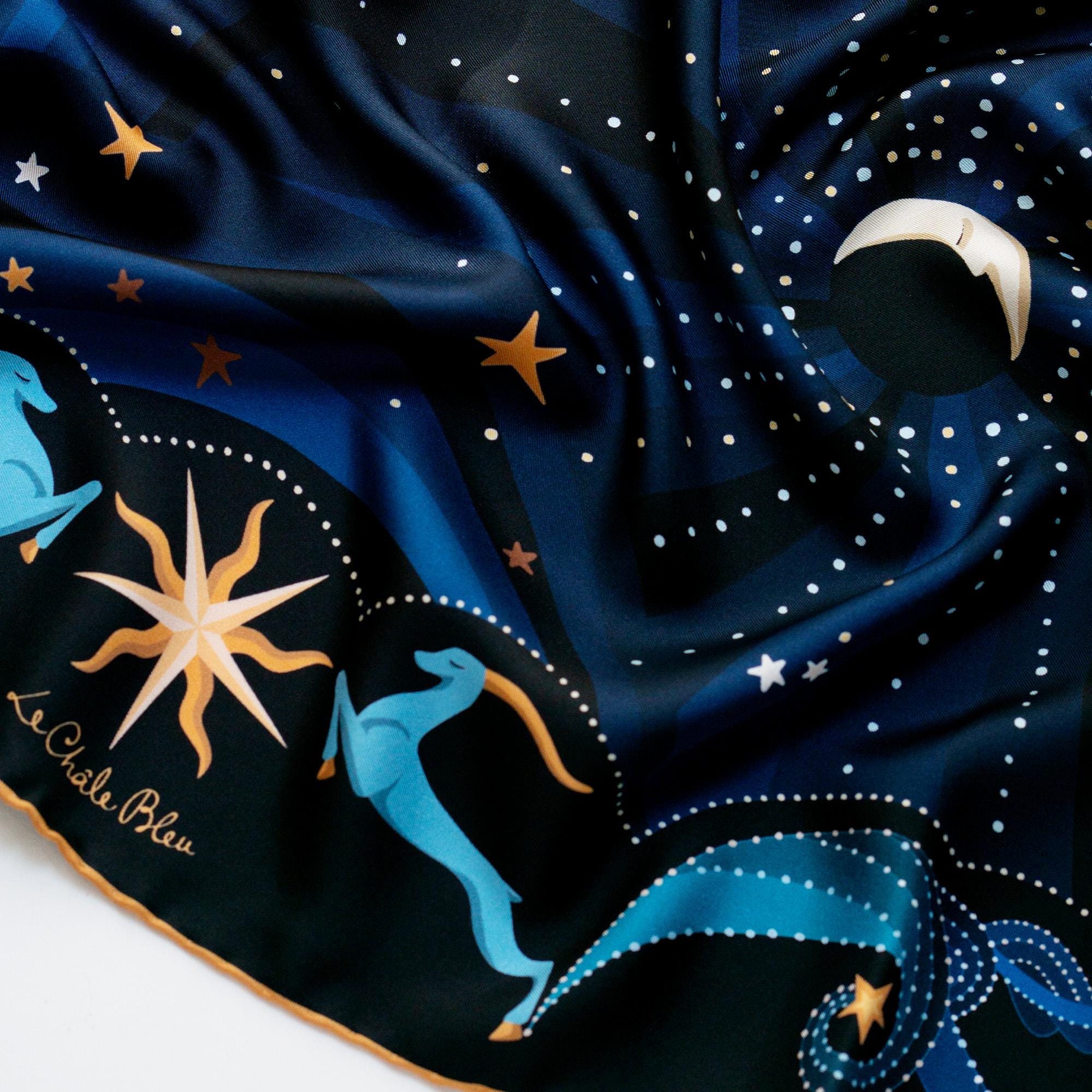 Large Silk Twill Scarf "Beautiful as The Moon" – Blue Night Magic – Designer Carré – Printed Original Celestial Design, Le Châle Bleu France
