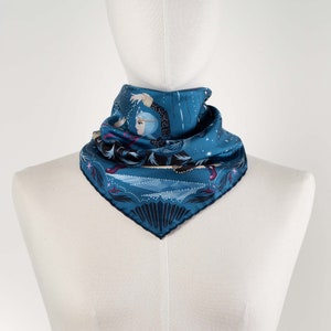 Mulberry Silk Bandana The Four Sisters. Winter, Blue. Printed Original Design by Le Châle Bleu, France. Made in Italy Gift Box Silk Scarf image 4