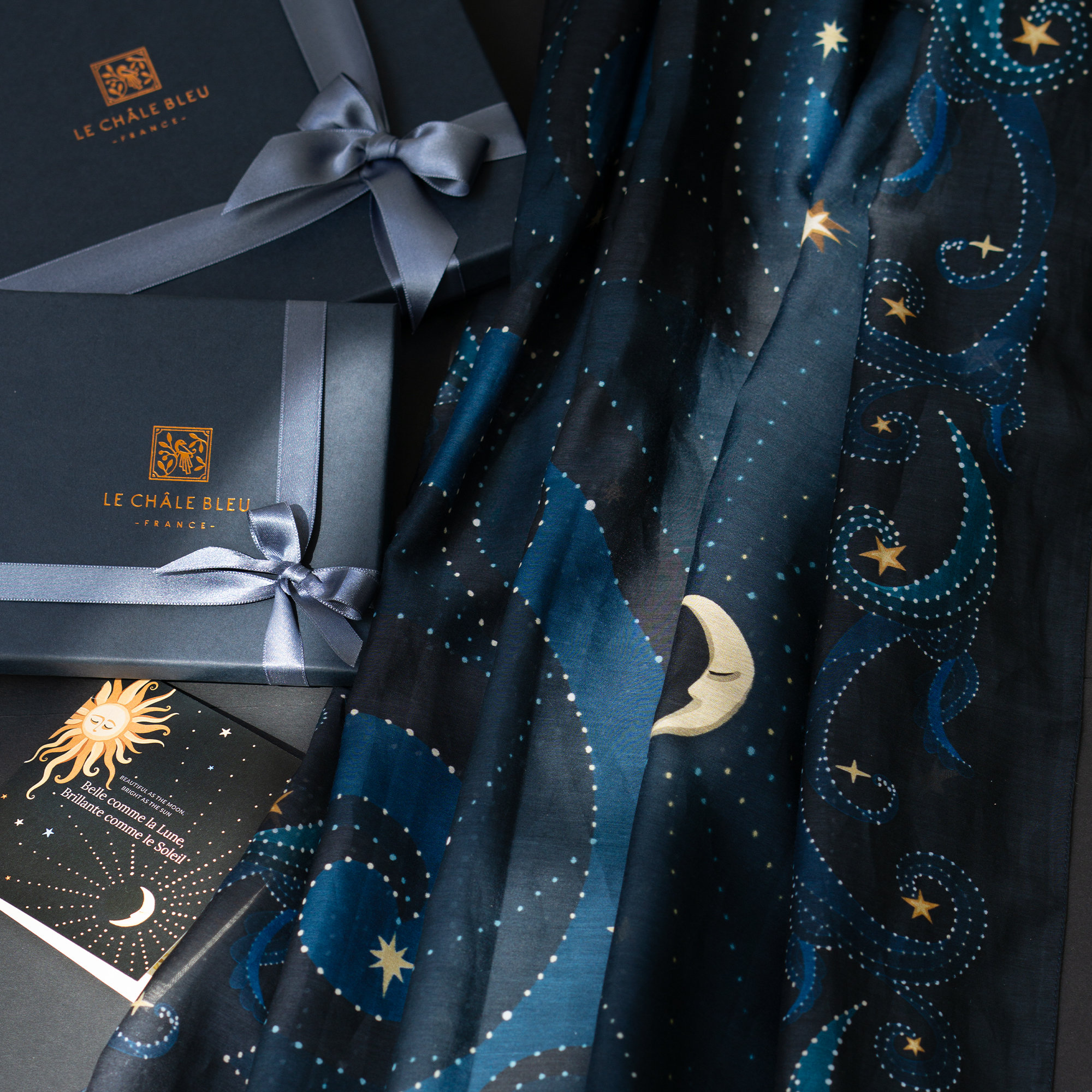 Long Silk Stole "Beautiful as the Moon", Night Blue. Silk & Cotton Scarf in Gift Box. Printed Original Moon Design, Le Châle Bleu France