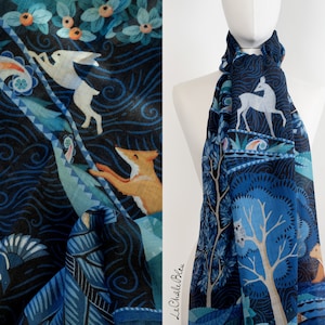 Wool & Cashmere Stole "The Voyage into the Boreal Forest", Blue. Winter scarf. Printed Original Design, Le Châle Bleu France. Made in Italy