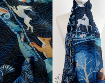 Wool & Cashmere Stole "The Voyage into the Boreal Forest", Blue. Winter scarf. Printed Original Design, Le Châle Bleu France. Made in Italy