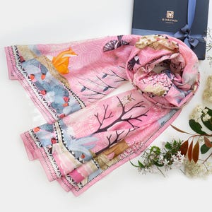 Cotton & Silk Scarf "The Voyage into the Boreal Forest", Pink. Printed Original Design by Le Châle Bleu, France. Made in Italy. Gift Box