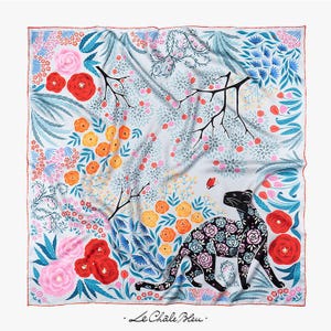 Mulberry Silk Scarf "The Panther and the Artist", Silver Gray. Printed Original Design by Le Châle Bleu France. Made in Italy. Gift Box