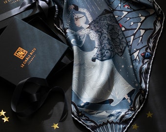 Mulberry Silk Bandana "The Four Sisters. Winter", Gray. Printed Original Design by Le Châle Bleu, France. Made in Italy Gift Box Silk Scarf