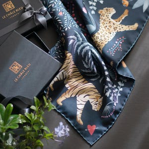 Mulberry Silk Bandana "The Tiger's Bride" – Midnight Blue. Printed Original Design Le Châle Bleu, France. Made in Italy Gift Box Silk Scarf