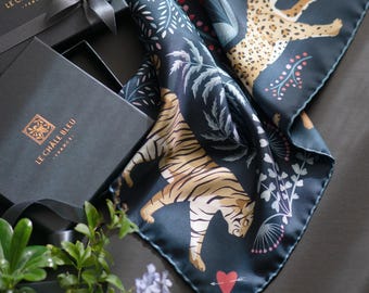 Mulberry Silk Bandana &quot;The Tiger&#39;s Bride&quot; – Midnight Blue. Printed Original Design Le Châle Bleu, France. Made in Italy Gift Box Silk Scarf