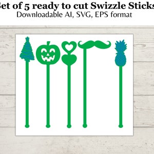 Set of 5 ready to cut swizzle sticks, glowforge file, drink stirrer, acrylic swizzle stick, party favors, tiki drinks, mixed drink stirrers