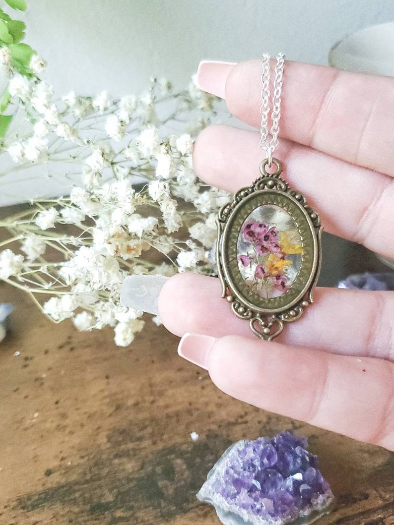 Bronze Botanical Resin Pendant Aesthetic Jewelry Real Pink Etsy