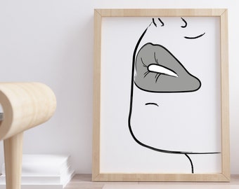 Pop Art Lips, Minimalist Digital Art, Female Face, Line Art, Printable Wall Art
