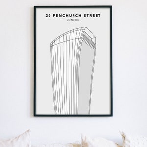 Könnte beinhalten: Ein Schwarzweiß-Linienkunst-Druck des 20 Fenchurch Street Gebäudes in London, auch bekannt als Walkie Talkie.