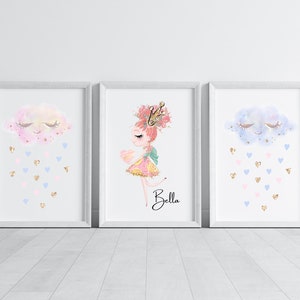 Piccole principesse stampe personalizzate, stampa di nuvole, appeso a parete da sogno, vivaio dell'acquerello, stanza delle bambine, arte della parete di 3 pezzi, acquerello