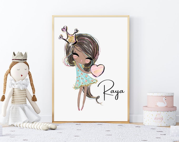 Princess bedroom decor, Personalised Princess Wall Art, Girls Bedroom decor, Baby girl Gift, Princess Gift for Girls, Cute Girl Character