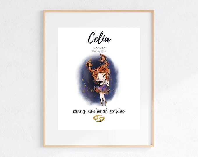 Custom Personalised Star Sign,Zodiac Baby Name, Child Watercolour Art Print , Personalized Poster, Cancer Start Sign