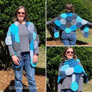 Three images showing a woman wearing a crochet shawl. One with the shawl draped around her shoulders, one with the shawl wrapped around her shoulders, and one from the back with her arms outspread. The hexagons are all different colors.