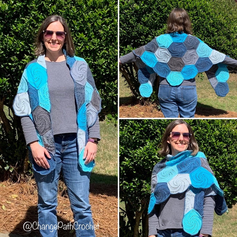 Three images showing a woman wearing a crochet shawl. One with the shawl draped around her shoulders, one with the shawl wrapped around her shoulders, and one from the back with her arms outspread. The hexagons are all different colors.