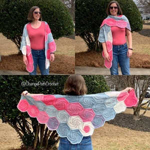 Three images showing a woman wearing a crochet shawl. One with the shawl draped around her shoulders, one with the shawl wrapped around her shoulders, and one from the back with her arms outspread. The hexagons are all different colors.