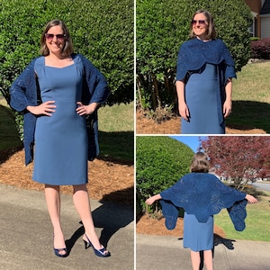 Three images showing a woman wearing a crochet shawl. One with the shawl draped around her shoulders, one with the shawl wrapped around her shoulders, and one from the back with her arms outspread.