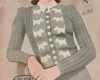 1940s Knitting Pattern for a Cardigan With Scotty Dogs, 4 ply 34-35&quot; Bust