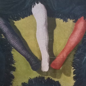 May include: Three pairs of tights in different colors and patterns. One pair is black with a fishnet pattern, one pair is white with a ribbed pattern, and one pair is red with a fine knit pattern.