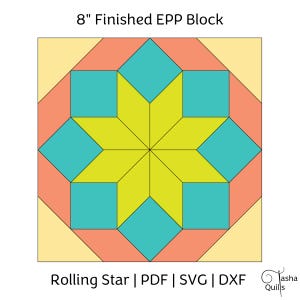 8&quot; Rolling Star Printable Block Pieces for English Paper Piecing (EPP) with cut files | pdf | svg | dxf